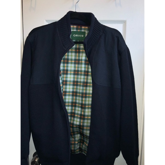 ORVIS Size Small  Mens 100% Wool Full Zip Shooting Jacket Bomber Hunting Blue - Picture 2 of 6